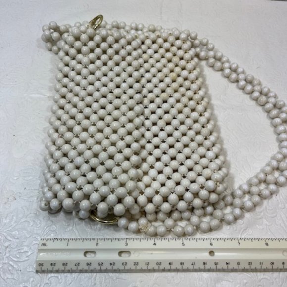 VTG White Beaded Fold Over Retro Shoulder Handbag Made in Japan 9"x6" - Picture 13 of 14